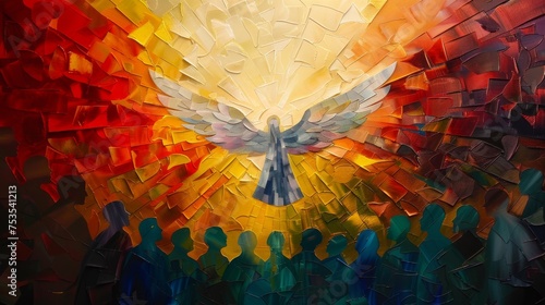 Vibrant portrayal of the Pentecost event with the Holy Spirit descending upon the disciples, symbolizing empowerment and the birth of the Church. photo