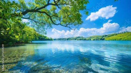 Vibrant nature landscape with a focus on greenery  clear skies  and a refreshing water body  ideal for serene and peaceful themes.