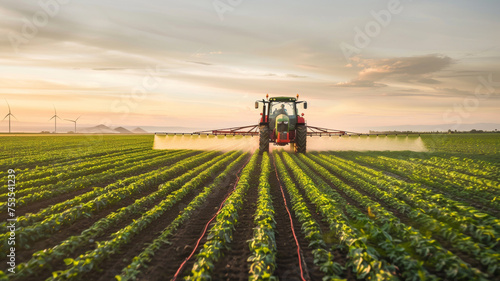 Modern tractor spraying crops with pesticides at dusk.