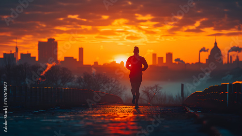 A runner at dawn, with urban cityscape silhouetted in the background, during a refreshing morning jog