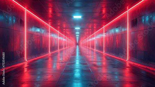 Futuristic corridor with neon lights, sci-fi tunnel with red and blue illumination, © visual artstock