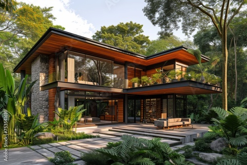 A modern house nestled in the heart of a lush forest