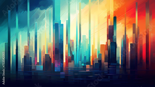 Abstract digital glitch art, vibrant cityscape in generative artificial intelligence