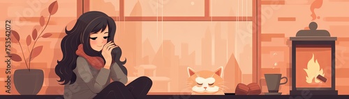 A panoramic illustration capturing a warm and cozy scene with a woman and her cat enjoying a quiet autumn day by the fireplace.
