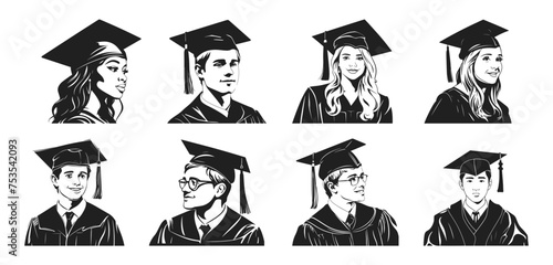 Graduating student vector illustration. Portrait of young people on graduation ceremony hand drawn black on white background. Education silhouette