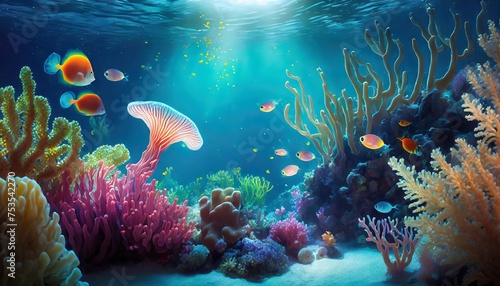 Generated image of a dreamlike underwater world with bioluminescent creatures and coral reefs 