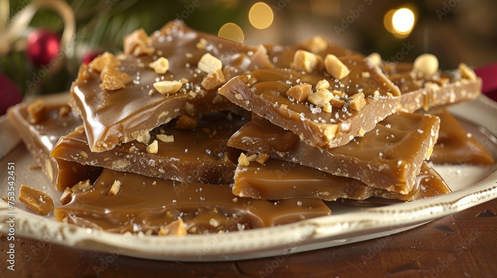 Vibrant holiday scene with peanut brittle pieces arranged in festive patterns for celebration theme Vibrant holiday scene with peanut brittle pieces arranged in festive patterns for celebration theme