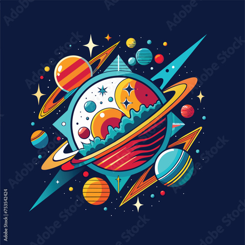 Vector illustration of planets in space. Colorful flat design for web and print. Astronomy t shirt design