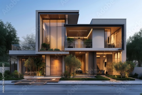 A modern minimalist house situated on a bustling downtown street © Boinah