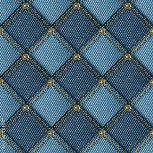 Seamless blue denim pattern with fabric patches, double stitching, rivets. Detailed checkered background. photo