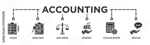 Accounting banner web icon illustration concept for business and finance with an icon of the audit, analysis, balance, budget, calculation, and advice