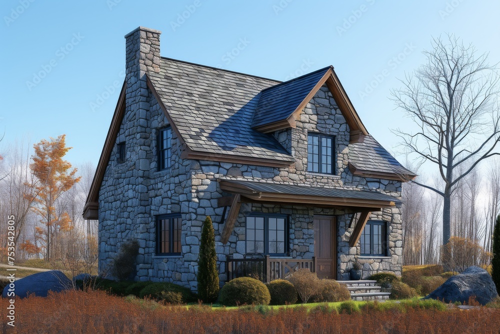 A stone gray house against the clear blue sky A stone gray house against the clear blue sky