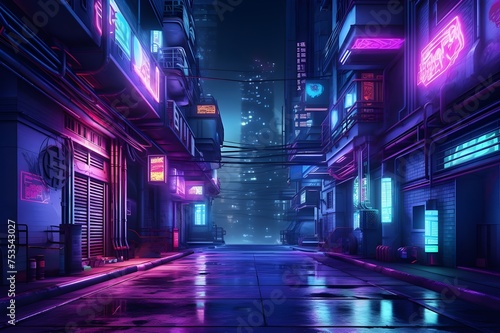 This digital artwork captures a scene from a hightech dystopian future where an alleyway is bathed in the neon glow of holographic projections and graffiti The interplay of shadows and lights 