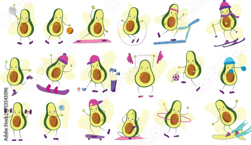 Avocado character exercising cartoon illustration set. Happy fit fruit with cute face playing ball, tennis,  football, doing yoga, workout, lifting dumbbells, meditating. Sport, gym background