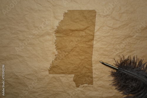 map of mississippi state on a old paper background with old pen