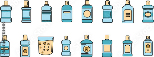 Tooth rinse icons set outline vector. Fresh breath. Liquid bottle color line isolated
