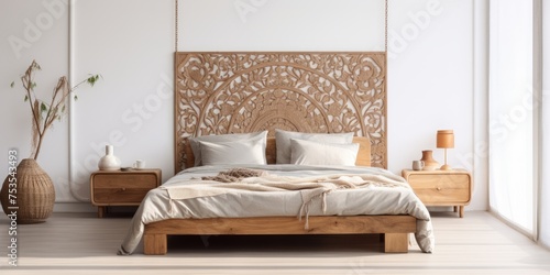 Contemporary serene bedroom with wood bed and oriental decor.