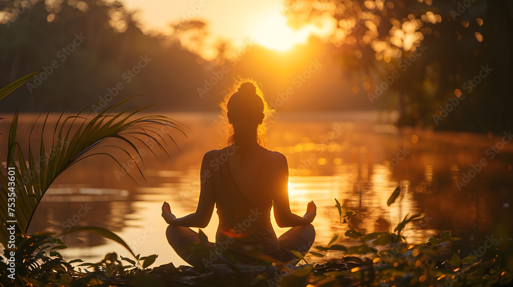 A yoga practitioner, with serene nature as the background, during a sunrise yoga session