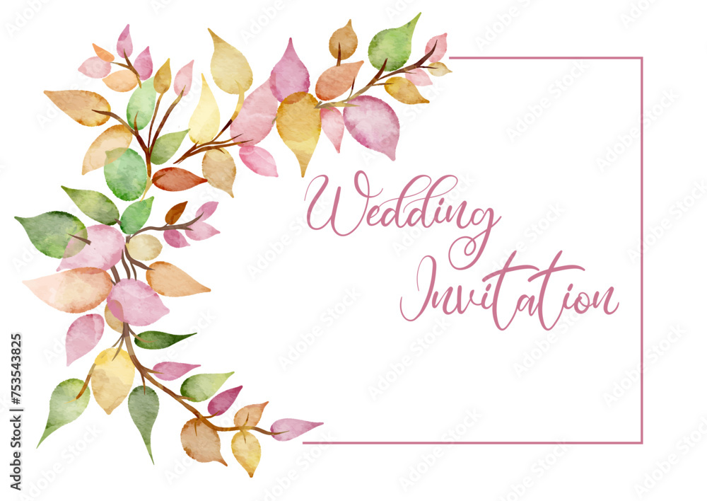 Elegant wedding invitation design with a hand painted leaves design