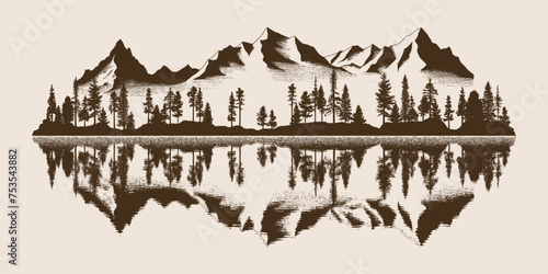 Forest and mountains are reflected in the lake, vector sketch, imitation of a pencil drawing	