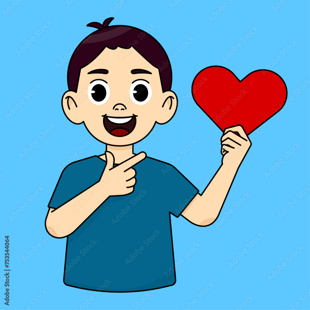 Boy smiling, pointing and holding red heart icon Boy smiling, pointing and holding red heart icon