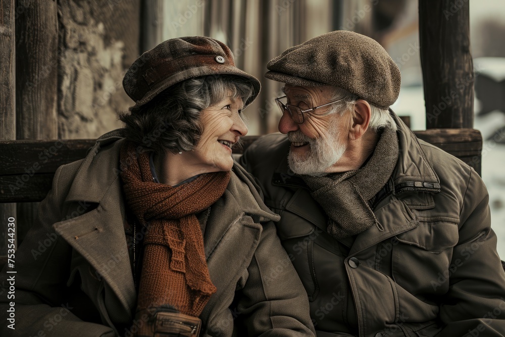 An elderly couple sitting together and smiling Fictional Character Created by Generative AI.