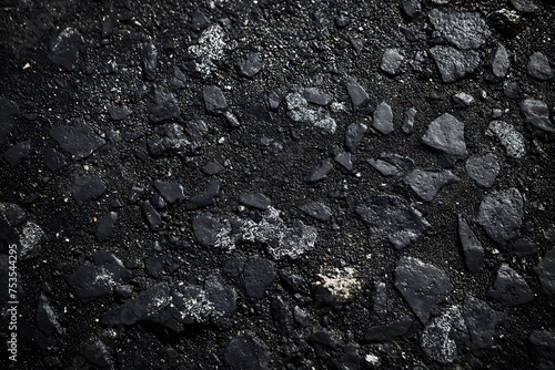 A close-up of asphalt road with a dark gray color and some white speckles. The background is black and there is a slight vignette