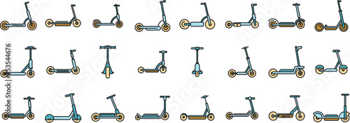Electric scooter icons set outline vector. City bike. People electric scooter color line isolated