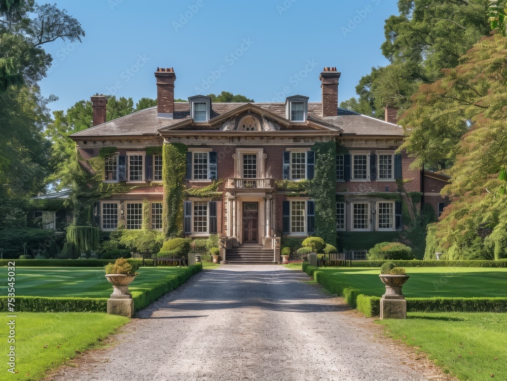 A Georgian-style manor house nestled amidst rolling hills and verdant meadows