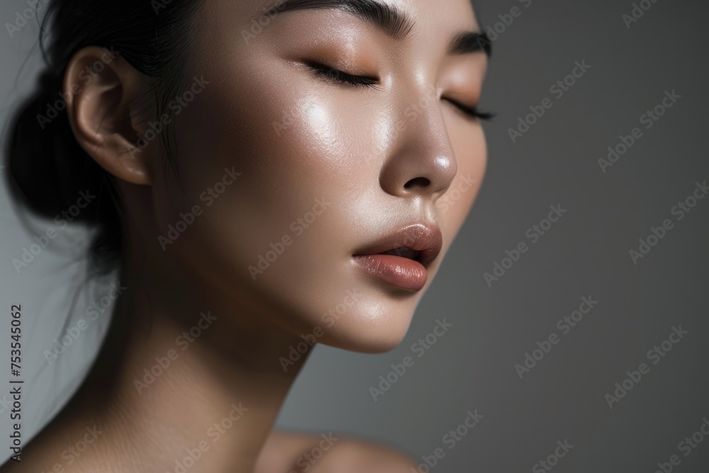 Serene Beauty - Close-up of a woman with perfect skin Fictional Character Created by Generative AI. Serene Beauty - Close-up of a woman with perfect skin Fictional Character Created by Generative AI.
