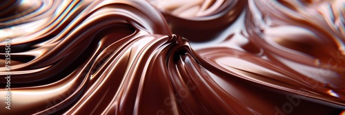 Delicate liquid chocolate swirl with smooth lines, close up of chocolate caramel background