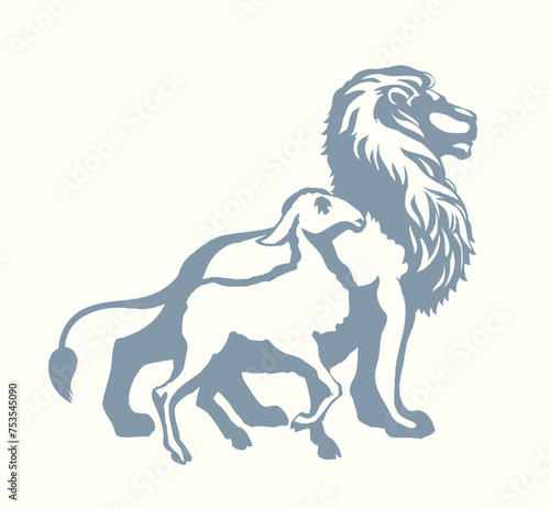 Vector drawing. Lion and lamb walks together