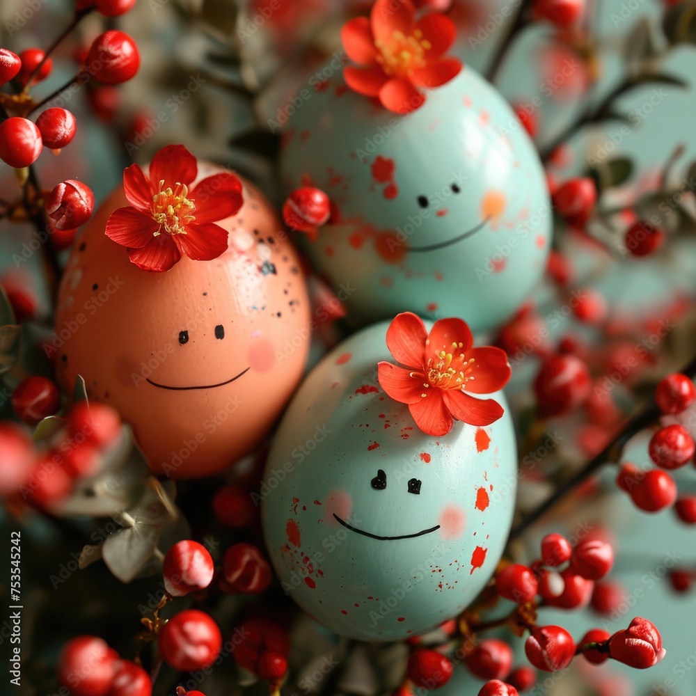 Eggs with faces - decorated with red flowers - happy and grinning Eggs with faces - decorated with red flowers - happy and grinning