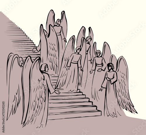 Vector drawing. Angels on the stairs leading to heaven