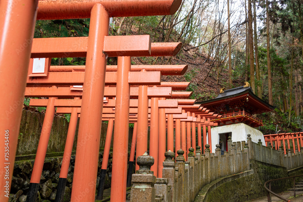 Torii gate on a way to Tanukidanisan Fudoin in Kyoto, Japan