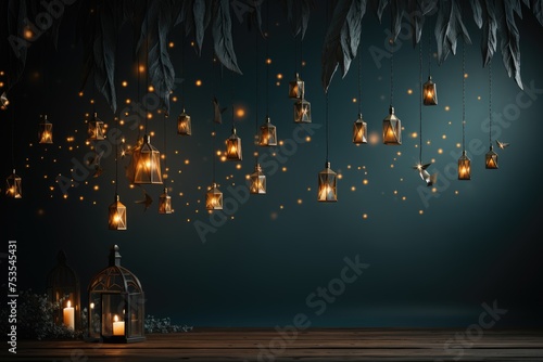 Ramadan theme decorated with glowing lanterns and crescent moon for elegant poster background professional photography photo