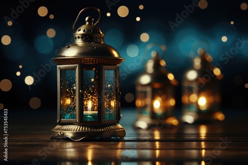 Ramadan theme decorated with glowing lanterns and crescent moon for elegant poster background professional photography photo