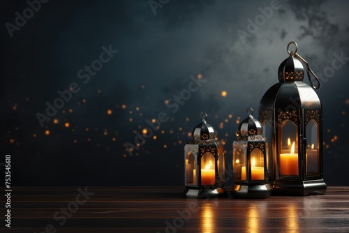 Ramadan theme decorated with glowing lanterns and crescent moon for elegant poster background professional photography photo