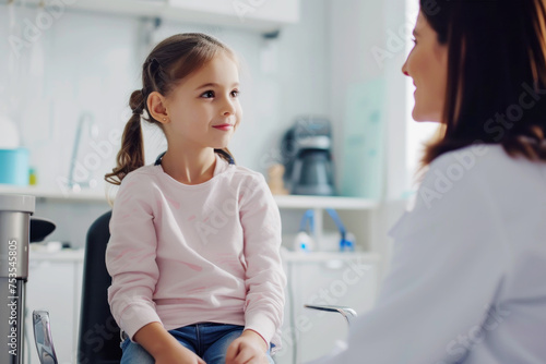 Kid girl sitting with the pediatrician doctor. Medical examination of children photo