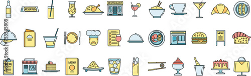 Restaurant icons set outline vector. Cook cafe. Food bar color line isolated