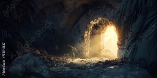 stone rocky empty cave tomb and light rays easter Generative AI photo