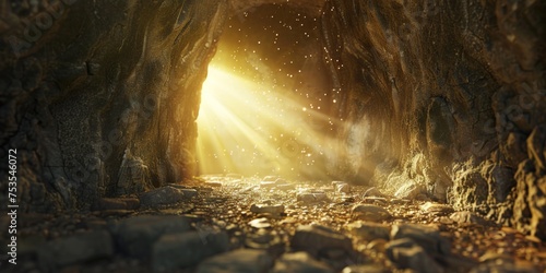 stone rocky empty cave tomb and light rays easter Generative AI