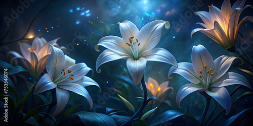 A banner with a dark background and white lily flowers. mourning is depicted through the imagery. Remembering and mourning are emphasized. The photo has a close-up, side view with selective focus