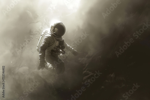 An astronaut floats in a haze in space.
