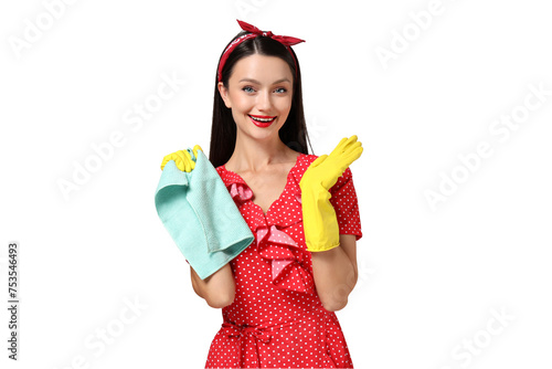 Housewife girl with means for cleaning the house, on a gray background.