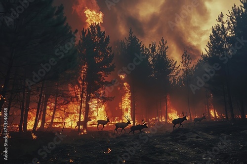 animals run away from a burning field photo