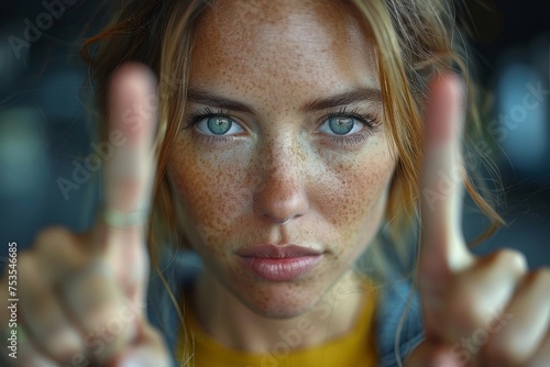 Intense close-up of a woman with freckles reaching towards the camera