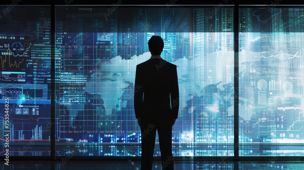 Fototapeta premium View from behind of a businessman looking into the future