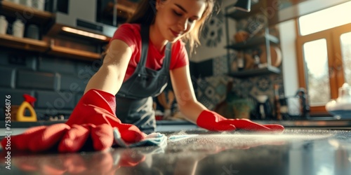 woman cleaning the house wearing gloves Generative AI