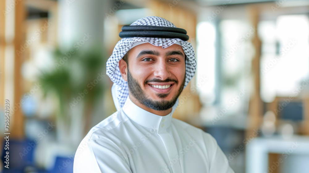 Confidence radiates as an Arabian man stands with a smile and arms confidently crossed Confidence radiates as an Arabian man stands with a smile and arms confidently crossed